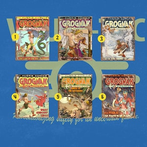 Puede incluir: Seis portadas de c&oacute;mics vintage con un hombre musculoso llamado Grognac, el B&aacute;rbaro. Las portadas est&aacute;n en formato de cuadr&iacute;cula con los n&uacute;meros del 1 al 6 en la esquina superior izquierda de cada portada. Las portadas presentan varias escenas de Grognac luchando contra monstruos y luchando en diferentes lugares.