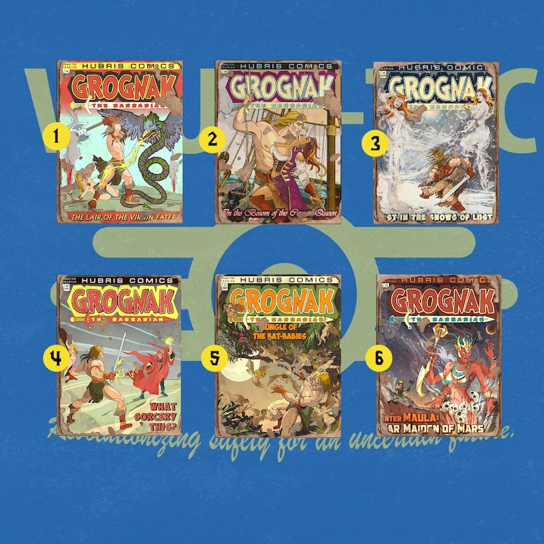 Puede incluir: Seis portadas de c&oacute;mics vintage con un hombre musculoso llamado Grognac, el B&aacute;rbaro. Las portadas est&aacute;n en formato de cuadr&iacute;cula con los n&uacute;meros del 1 al 6 en la esquina superior izquierda de cada portada. Las portadas presentan varias escenas de Grognac luchando contra monstruos y luchando en diferentes lugares.