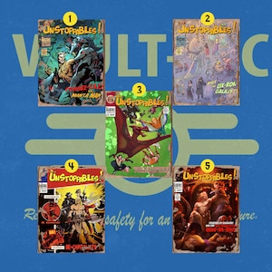 Puede incluir: Cinco portadas de c&oacute;mics vintage con el t&iacute;tulo "UNSTOPPABLES!" Las portadas presentan una variedad de ilustraciones coloridas, que incluyen un hombre luchando contra una manta raya, un grupo de personas en un entorno futurista, un hombre luchando contra un dinosaurio, un hombre luchando contra un grupo de personas y un hombre luchando contra una criatura con ojos rojos brillantes.