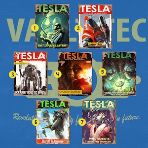 Puede incluir: Una colecci&oacute;n de siete portadas de revistas de estilo vintage con el t&iacute;tulo "Tesla Science Magazine". Cada portada presenta una ilustraci&oacute;n diferente relacionada con la ciencia ficci&oacute;n y la tecnolog&iacute;a, incluyendo un arma de plasma, un robot, un traje espacial y un arma futurista. Las portadas est&aacute;n numeradas del 1 al 7.