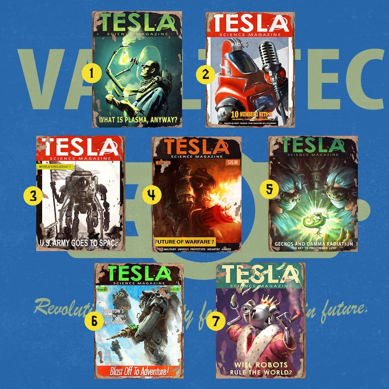 Puede incluir: Una colecci&oacute;n de siete portadas de revistas de estilo vintage con el t&iacute;tulo "Tesla Science Magazine". Cada portada presenta una ilustraci&oacute;n diferente relacionada con la ciencia ficci&oacute;n y la tecnolog&iacute;a, incluyendo un arma de plasma, un robot, un traje espacial y un arma futurista. Las portadas est&aacute;n numeradas del 1 al 7.