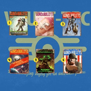 Puede incluir: Seis portadas de revistas vintage con el t&iacute;tulo "Guns & Bullets" en un estilo retro. Las portadas presentan ilustraciones de una persona cazando con un arma l&aacute;ser, una persona sosteniendo una peque&ntilde;a arma de fuego, un robot sosteniendo un pato, un cohete, un robot con un arma de plasma y un soldado apuntando con un arma.