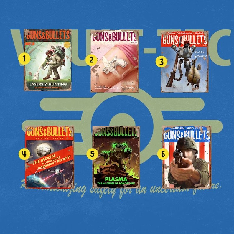 Puede incluir: Seis portadas de revistas vintage con el t&iacute;tulo "Guns & Bullets" en un estilo retro. Las portadas presentan ilustraciones de una persona cazando con un arma l&aacute;ser, una persona sosteniendo una peque&ntilde;a arma de fuego, un robot sosteniendo un pato, un cohete, un robot con un arma de plasma y un soldado apuntando con un arma.