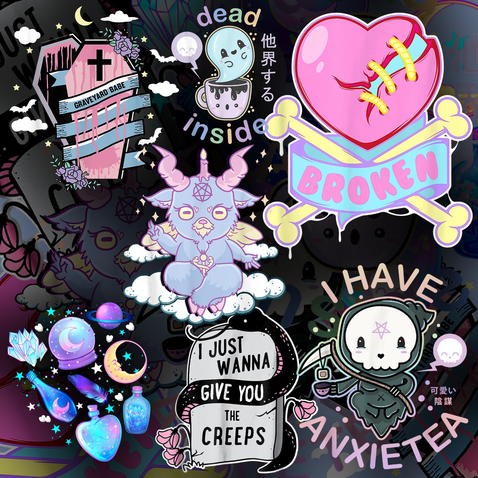 PASTEL GOTH Vinyl Sticker Pack x 7 // Glossy Stickers // Etsy