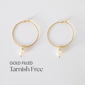 Gold Filled Aster Hoop Earrings with Pearl – Minimalist Gold Hoops, Freshwater Pearl Earrings, Handmade Gift for Her