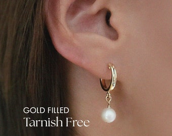 Gold Filled Freshwater Pearl Hoop Earrings: Waterproof Minimalist Jewelry