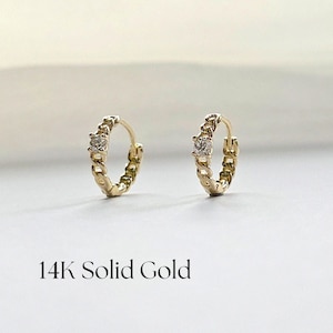 14K Braids w CZ Huggies, Small Huggies, Solid Gold Hoops, Gold Hoops, Gold Huggies, Dainty Hoops, Clip-on Hoops, Gift for her, Gift ideas