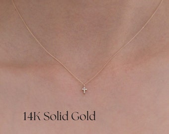 Collar con cruz de diamantes pequeños de oro macizo de 14 quilates: delicado colgante de cruz