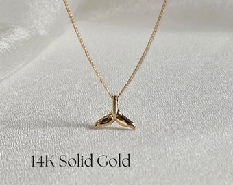 14K Solid Gold Whale Tail Necklace: Dainty Ocean Pendant