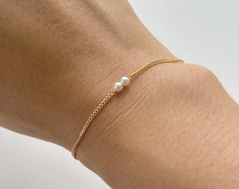 Gold Vermeil Pearl Bracelet • Minimalist Dual Pearl Jewelry • Bridesmaid Gift • Mother&#39;s Day Gift • Birthday Bracelet for Her