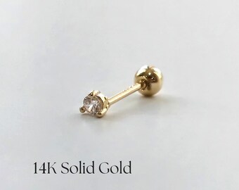 Nose Bone Ring Stud 14K Solid Yellow Gold CZ Nose Stud 2mm Prong Set