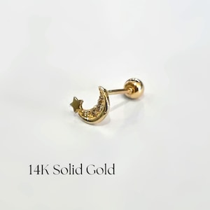 Brinco de cartilagem de lua e noite 14K, cartilagem de ouro maciço, piercing de estrela, piercing de ouro, brinco único, piercing pequeno, presente para ela