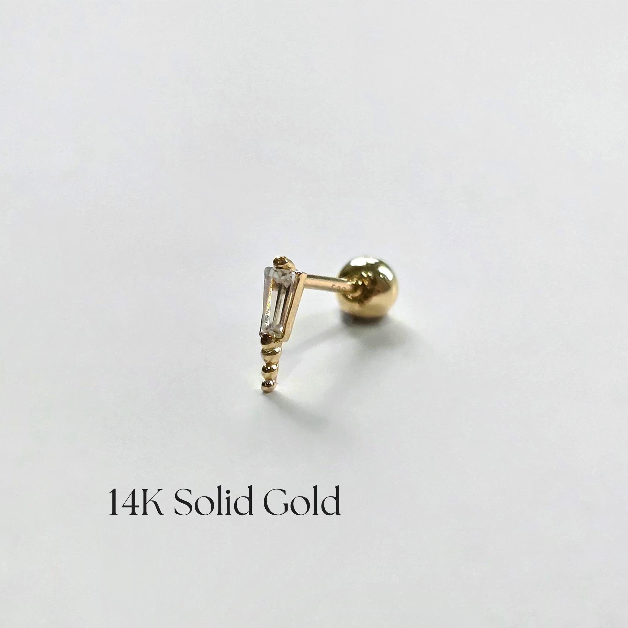 14K Solid Gold Angela Piercing Stud: Crystal Bar Piercing, Single
