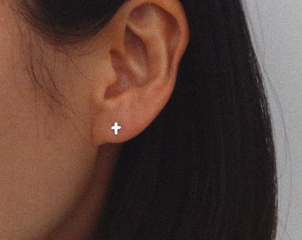 Sterling Silver Tiny Cross Studs: Dainty Christian Earrings