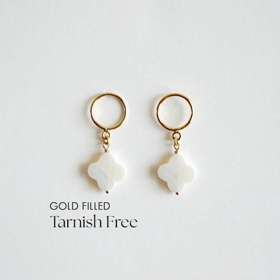 Gold Filled Lucky Clover Earrings: Mother of Pearl Clover