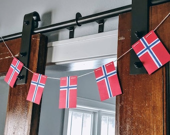 May include: A string of red and blue Norwegian flags hangs from a black metal track, with the flags strung between the track and a wooden door.
