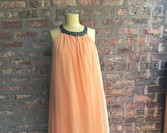 1970s Orange Nylon Chiffon Romanesque Nightgown Size L