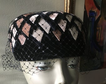 Vintage Black Beige Cream Velvet Ribbon Pillbox Hat