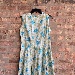 Vintage 1950s Cotton Turquoise Blue & Green Floral Day Dress Size L