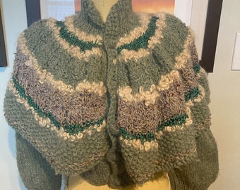 Vintage 1980s Bulky Handknit Sage Green Cardigan with Built-In Cape Small