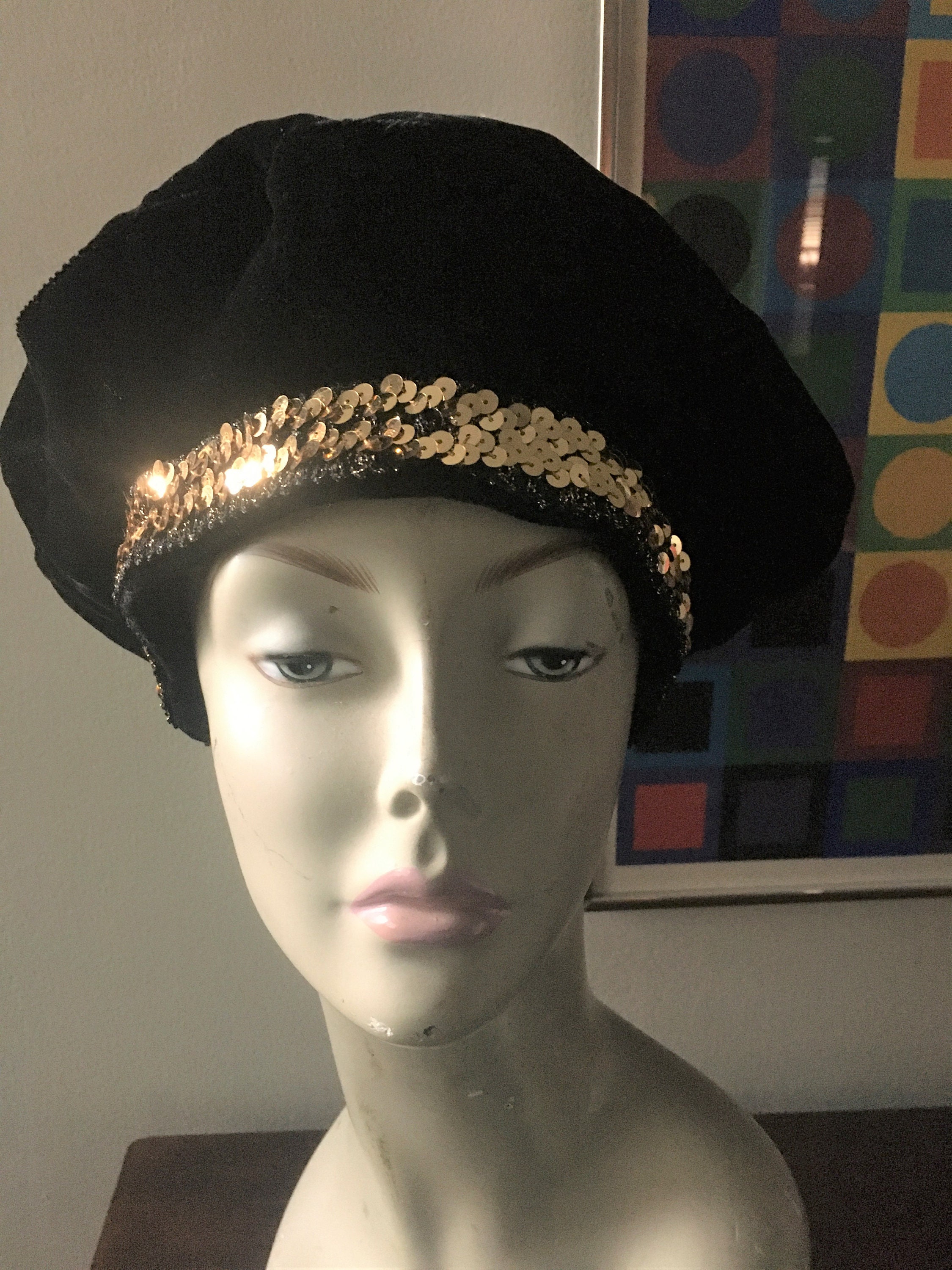 Vintage Black Velvet Gold Sequin Tam Beret Hat Betmar - Etsy