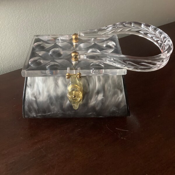 Vintage gris Lucite caja bolso bolso