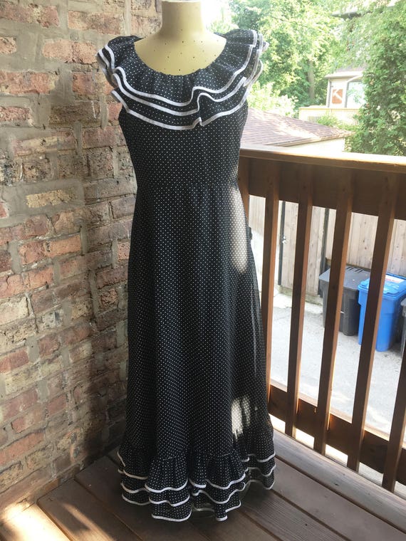 Black & White Polka Dot Maxi Dress with Ruffle Flo