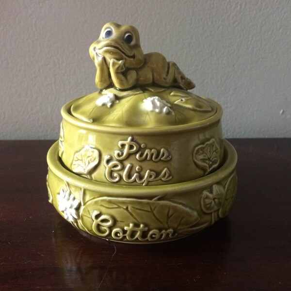 Ceramic Frog Lefton Dresser Box Pins Clips Cotton