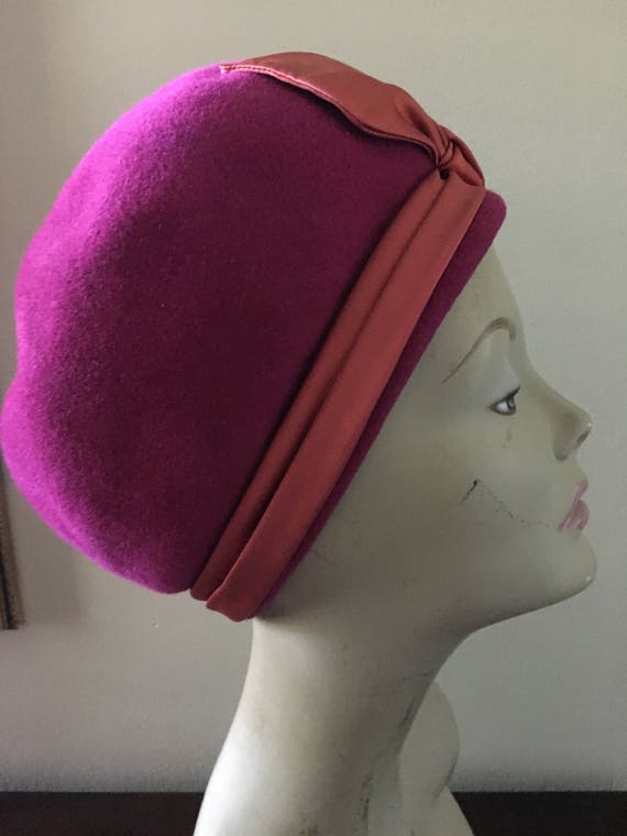 Magenta Pink Wool Felt Velour Cloche Hat Size Med… - image 2