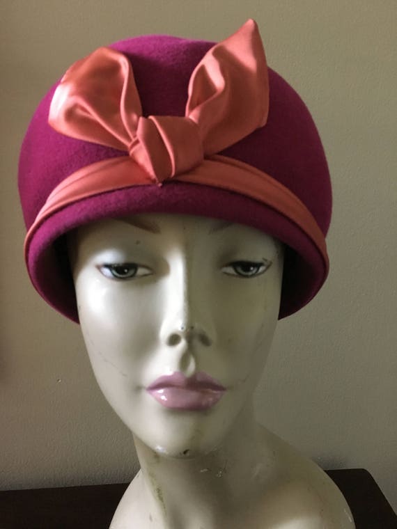 Magenta Pink Wool Felt Velour Cloche Hat Size Med… - image 1