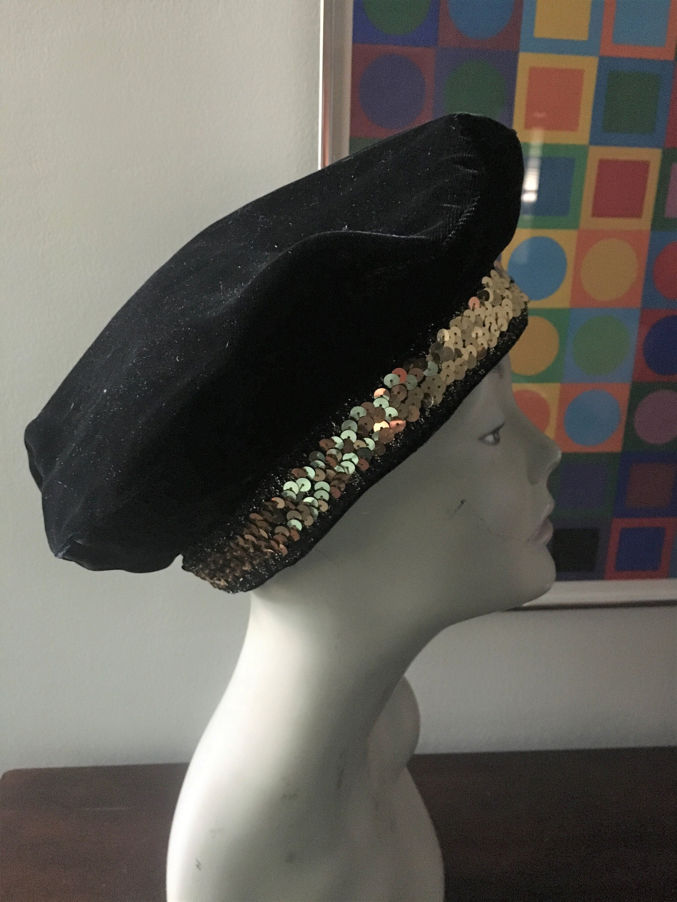 Betmar Black Velvet Hat with Gold Studs Vintage Black Velvet Gold Sequin Tam Beret Hat Betmar - Etsy main image 2