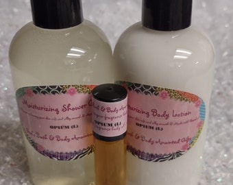 3 Piece Bath Set - Shower Gel, Lotion, 8oz each - 1 Small Roll On Fragrance Body Oil. Our impression of all our fragrances.