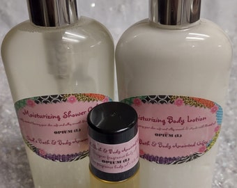 3 Piece Bath Set - Shower Gel 10oz,  Lotion 10oz and - 1 large Roll-on fragrance body oil 1oz.  Our impression of all our fragrances.