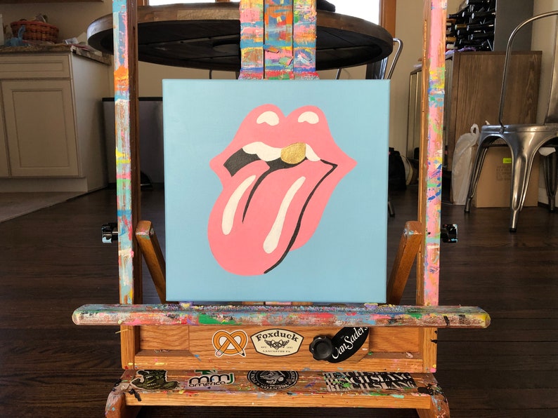 Hand-Painted Original Hot Lips 2 Pop-Art, Street-Art Style Acrylic Painting Inspired by The Rolling Stones, Rock, John Pasche 12 x 12 image 2