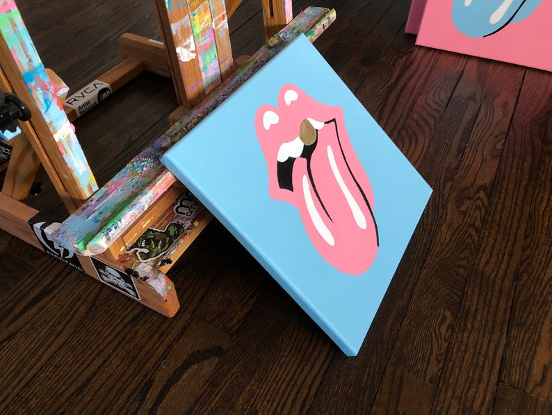 Hand-Painted Original Hot Lips 2 Pop-Art, Street-Art Style Acrylic Painting Inspired by The Rolling Stones, Rock, John Pasche 12 x 12 image 5