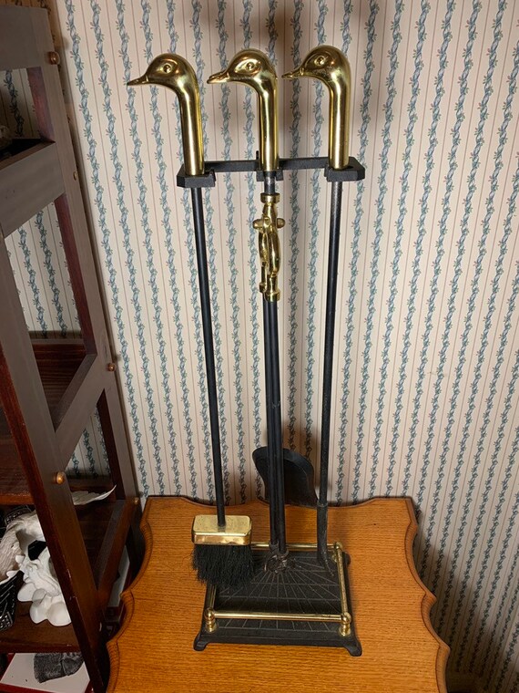 Brass Duck 5 Tool Fireplace Set 6 Piece Counting Stand Etsy