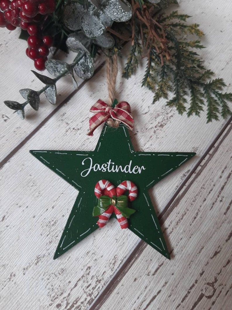 Personalised Christmas Star Hand Painted Wooden Xmas Tree Etsy Uk