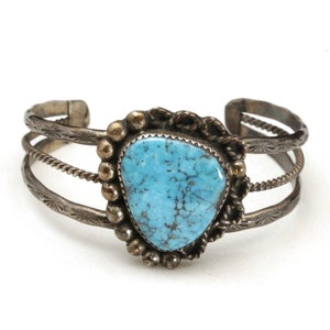Vintage Bright Blue Turquoise Cuff Bracelet Sterling Silver Southwestern Navajo