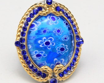 Large Blue Glass Millefiori Stainless Steel & Gold Tone Overlay Ring Size 7.5