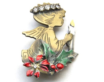 Vintage GCI Angel Holly Poinsettia Candle Pin Brooch Rhinestone Halo Engraved