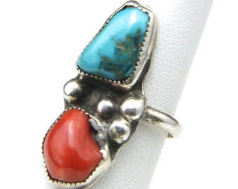 Vintage Turquoise Coral Sterling Silver Navajo Artisan Ring Sz 7.25 Statement