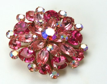 Vintage Gold Tone Multi Tone Pink Rhinestone Flower Shaped Pin Brooch Bombshell