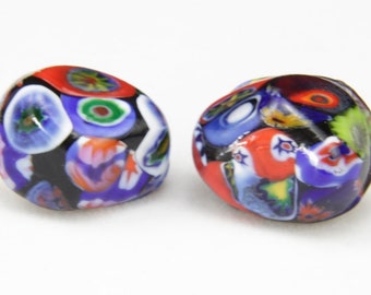 Vintage 60s Venetian Millefiori Glass Clip On Earrings Colorful Murano Oval