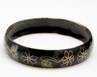Vintage Enamel Black Cloisonne Bangle Bracelet Flowers Motif Chinese Asian