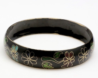 Vintage Enamel Black Cloisonne Bangle Armband Blumen Motiv Chinesisch asiatisch