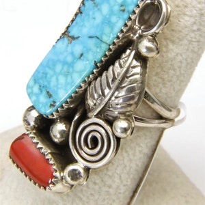 Artisan Navajo Kenneth Jones Turquoise Coral Sterling Silver Leaf Ring Sz 7