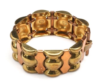 Vintage latón artesano y cobre vinculado pulsera de mediados del siglo modernista industrial
