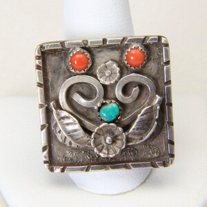 Vintage Unique Large Sterling Silver Square Platform Turquoise Coral Ring Sz 13 image 1