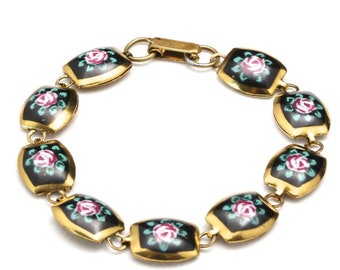 Vintage Adorable Enameled Puffy Red Rose Linked Bracelet Gold Tone