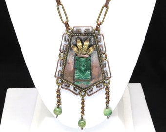 Vintage Statement Carved Malachite Mayan Aztec Warrior Necklace Copper Mexico